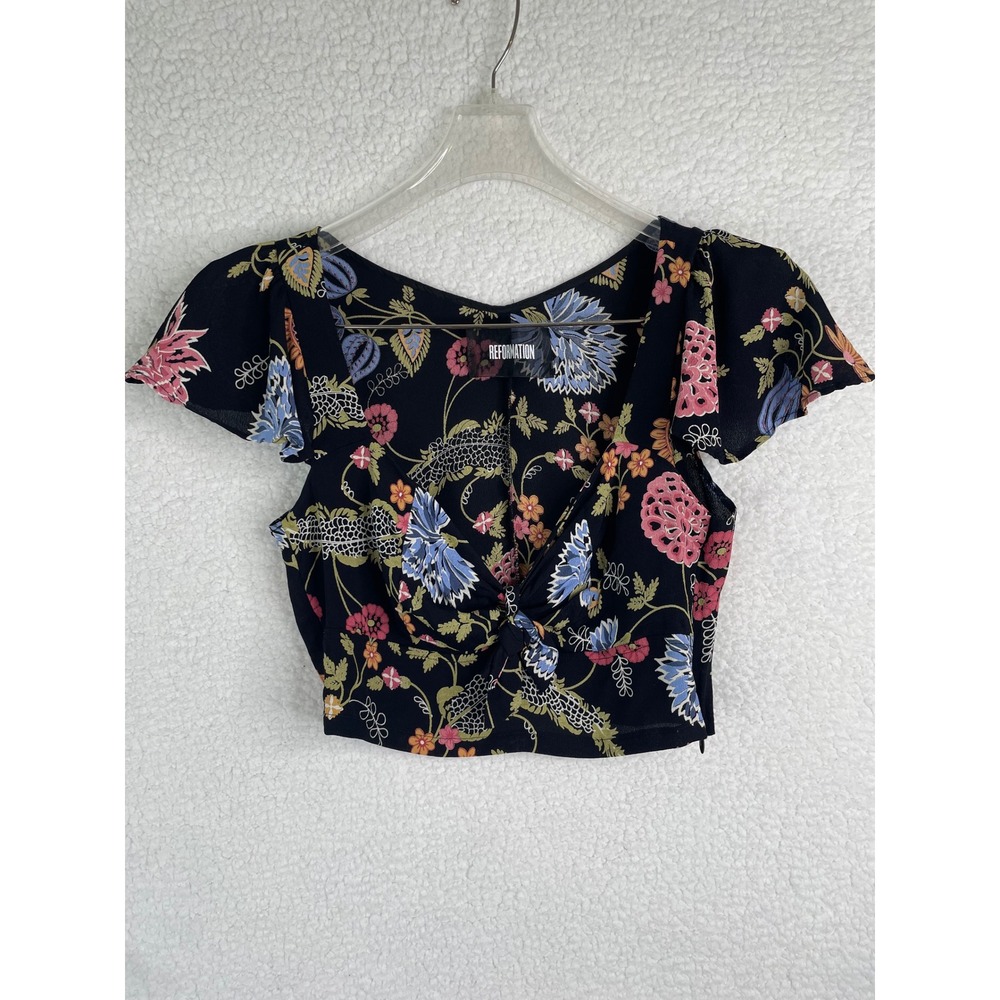 Reformation Women Floral V-Neck Tie Front Crop Top Black Short Sleeve Size 6